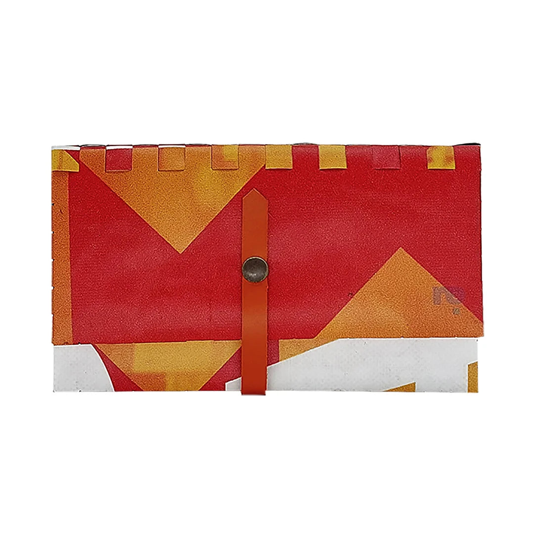 Leonor Wallet 225 by ReCreate pairs reclaimed advertising banner with warm graphic tones, holding up to 12 cards, documents, photos and coins. - front