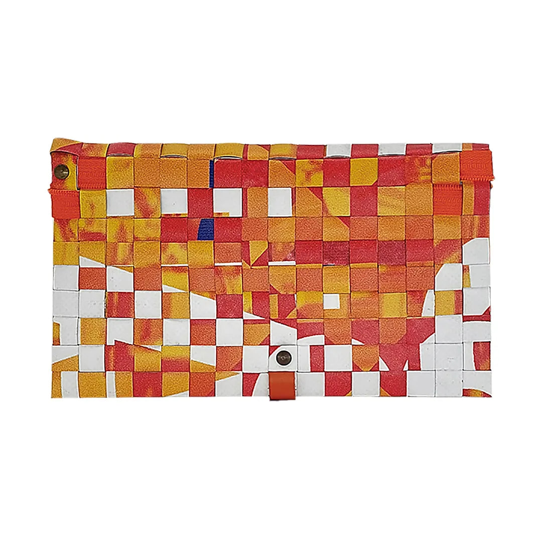 Leonor Wallet 225 by ReCreate pairs reclaimed advertising banner with warm graphic tones, holding up to 12 cards, documents, photos and coins.- back