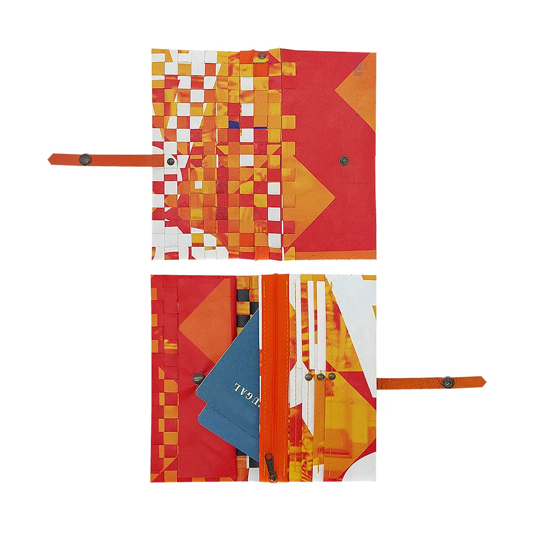 Leonor Wallet 225 by ReCreate pairs reclaimed advertising banner with warm graphic tones, holding up to 12 cards, documents, photos and coins. - both sides
