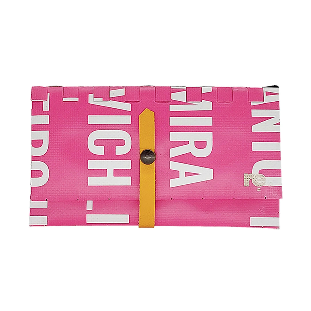 Leonor Wallet 3723 by ReCreate is a pink long wallet in reclaimed advertising banner, with space for 12 cards, documents, photos and coins. - front