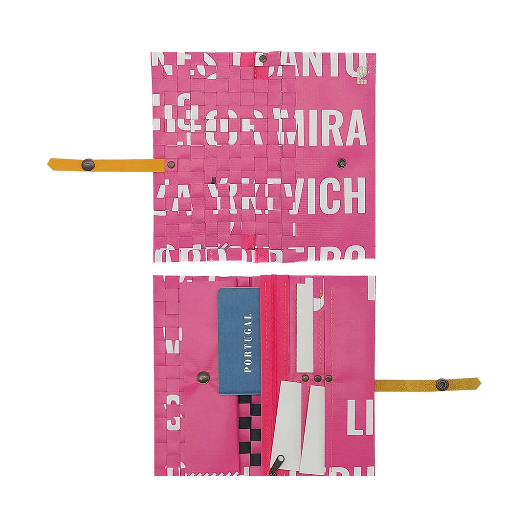Leonor Wallet 3723 by ReCreate is a pink long wallet in reclaimed advertising banner, with space for 12 cards, documents, photos and coins. - both sides
