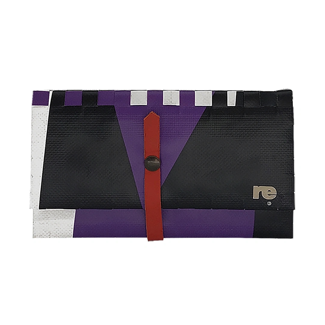 Leonor Wallet 3923 by ReCreate is a large reclaimed-banner wallet in black, purple and white, for 12 cards, documents, photos and coins. - front