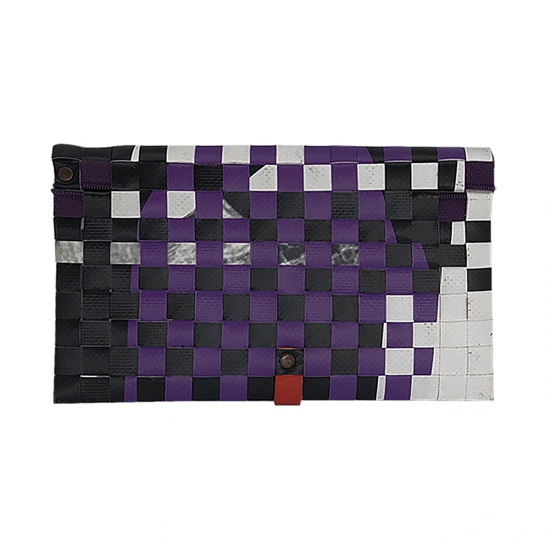 Leonor Wallet 3923 by ReCreate is a large reclaimed-banner wallet in black, purple and white, for 12 cards, documents, photos and coins. - back