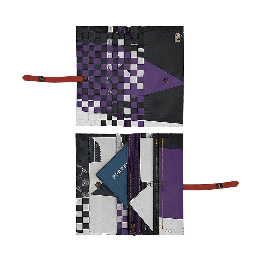 Leonor Wallet 3923 by ReCreate is a large reclaimed-banner wallet in black, purple and white, for 12 cards, documents, photos and coins. - both sides
