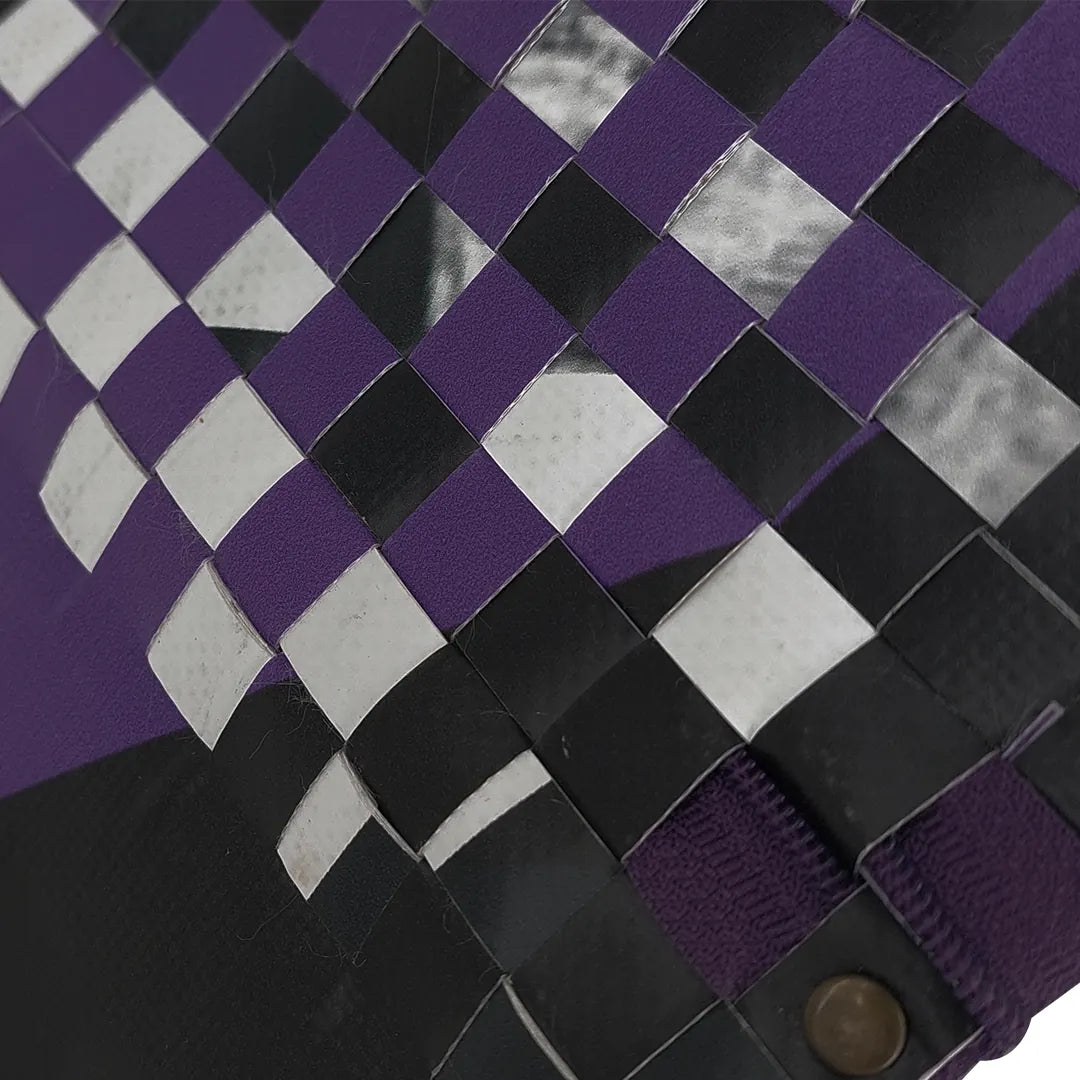 Leonor Wallet 3923 by ReCreate is a large reclaimed-banner wallet in black, purple and white, for 12 cards, documents, photos and coins. - detail