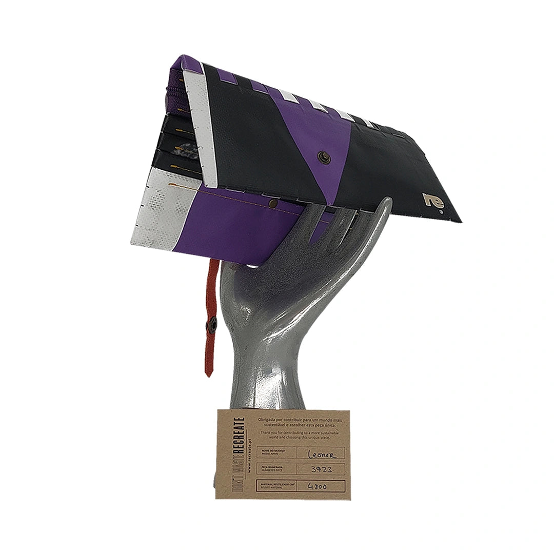 Leonor Wallet 3923 by ReCreate is a large reclaimed-banner wallet in black, purple and white, for 12 cards, documents, photos and coins. - on hand