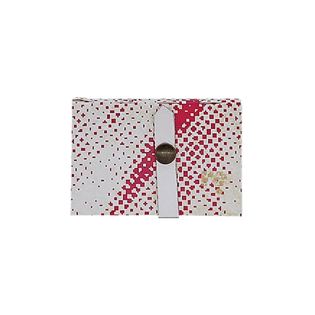Peter Wallet 1225 by ReCreate is a compact white wallet in reclaimed advertising banner, with red graphic traces, for up to 6 cards and coins. - front