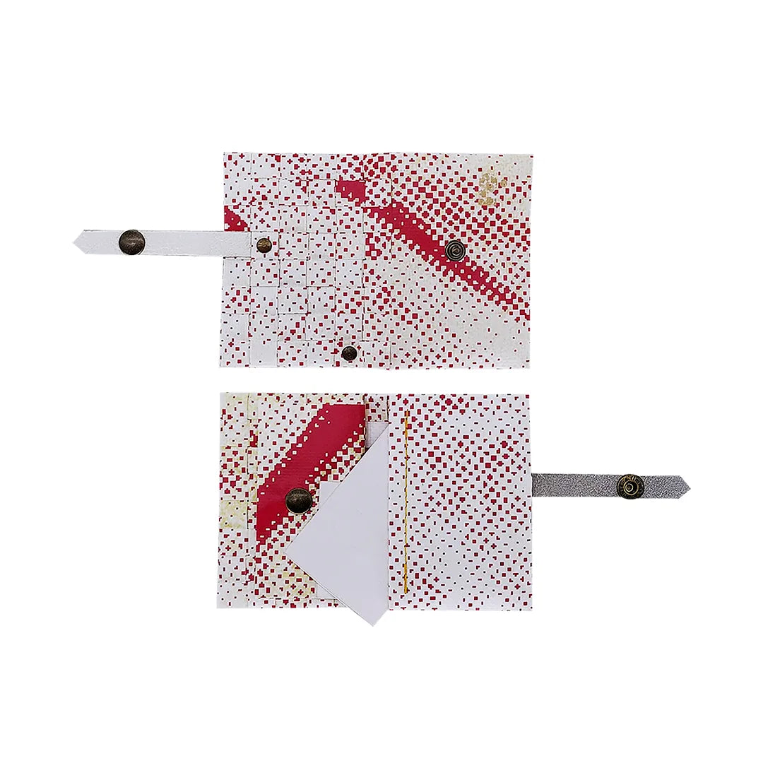 Peter Wallet 1225 by ReCreate is a compact white wallet in reclaimed advertising banner, with red graphic traces, for up to 6 cards and coins. - both sides