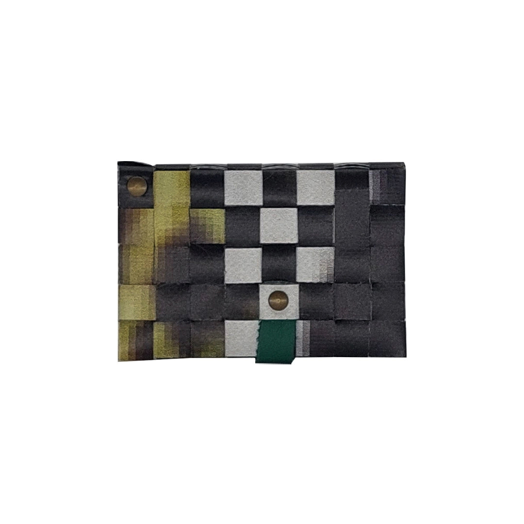 Compact one-of-a-kind wallet made from reused advertising material, designed to hold up to 6 cards and coins. -back