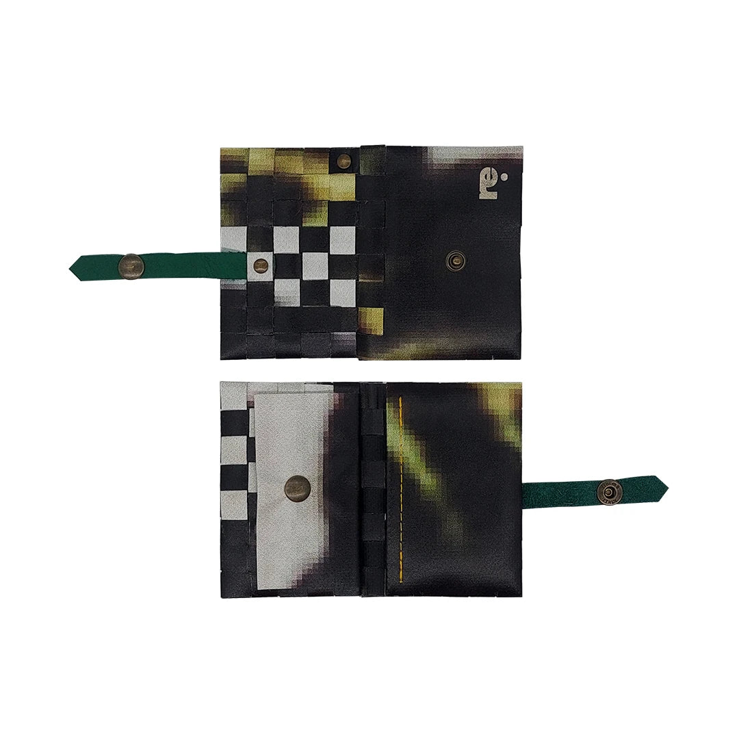 Compact one-of-a-kind wallet made from reused advertising material, designed to hold up to 6 cards and coins. - both sides