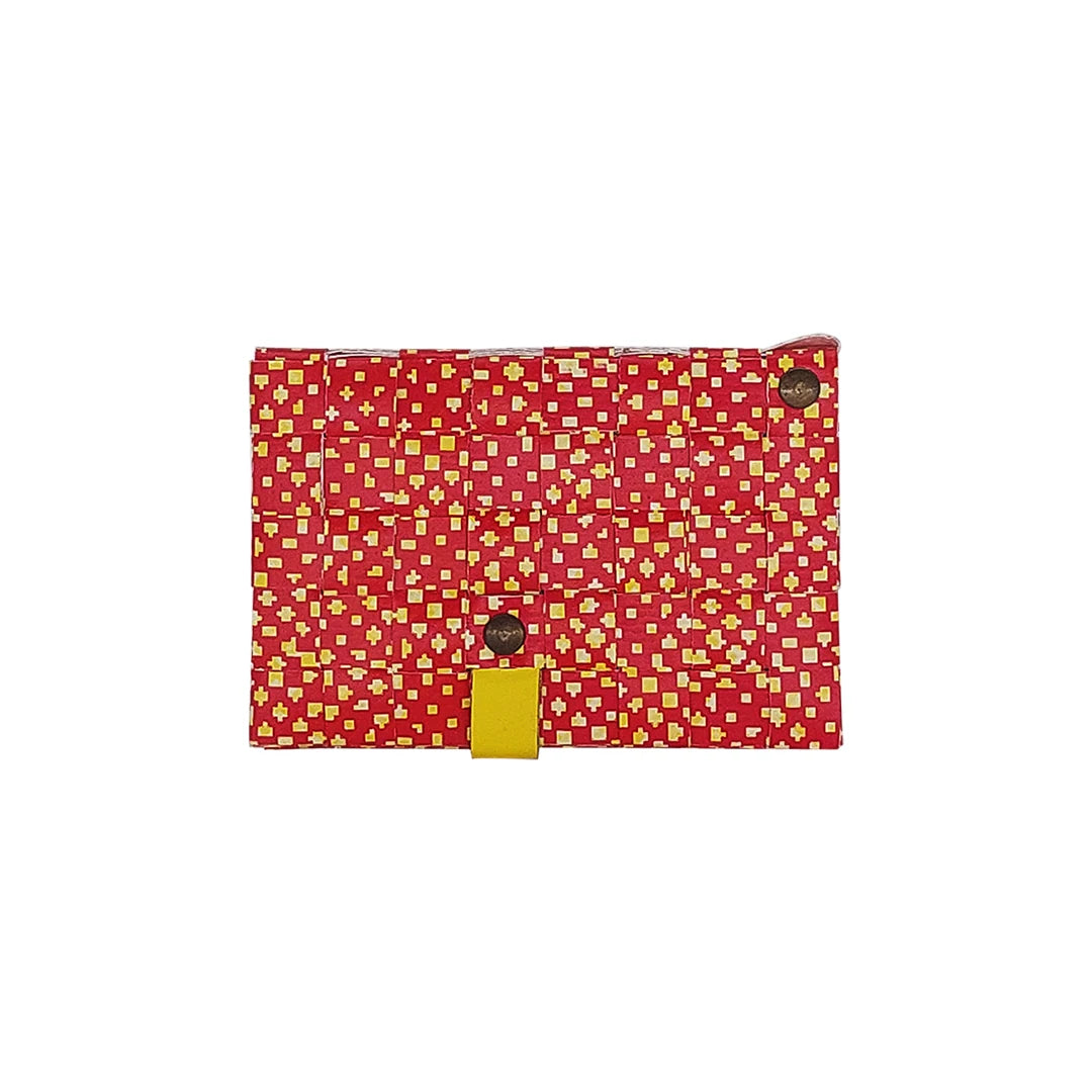 Peter Wallet 2125 by ReCreate is a red reclaimed-banner wallet with yellow graphic detail, designed to hold up to 6 cards and coins. - back