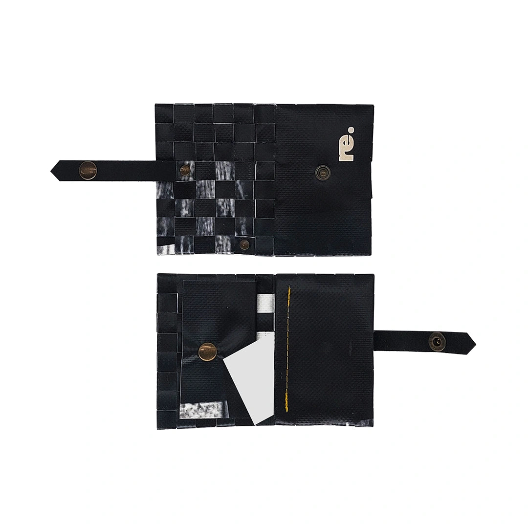 Peter Wallet 6524 by ReCreate is a compact black wallet in reclaimed advertising banner, with space for up to 6 cards and coins. - both sides