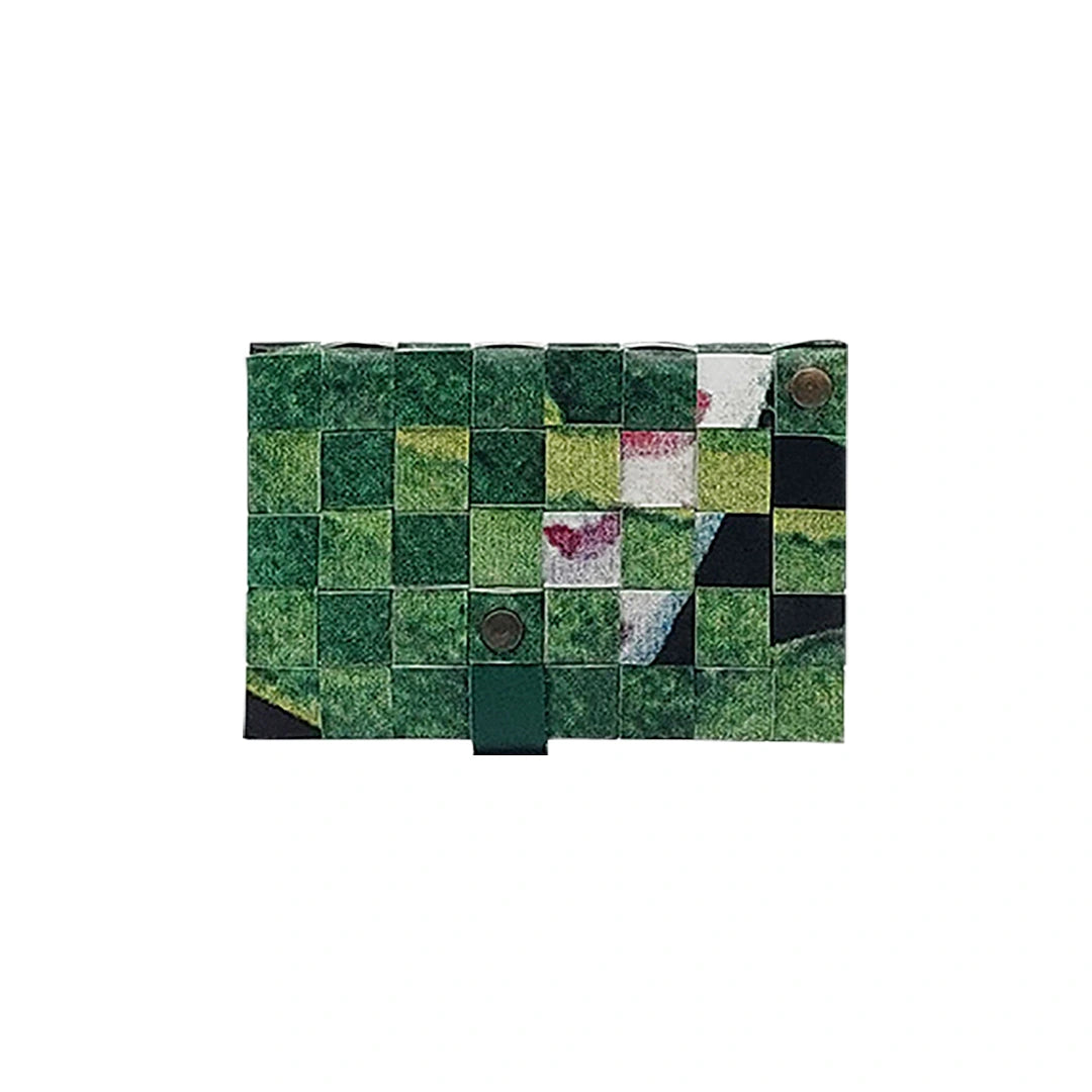 Peter Wallet 725 is a ReCreate wallet made from reclaimed advertising banner, with woven green details, coin space and room for up to 6 cards. - back
