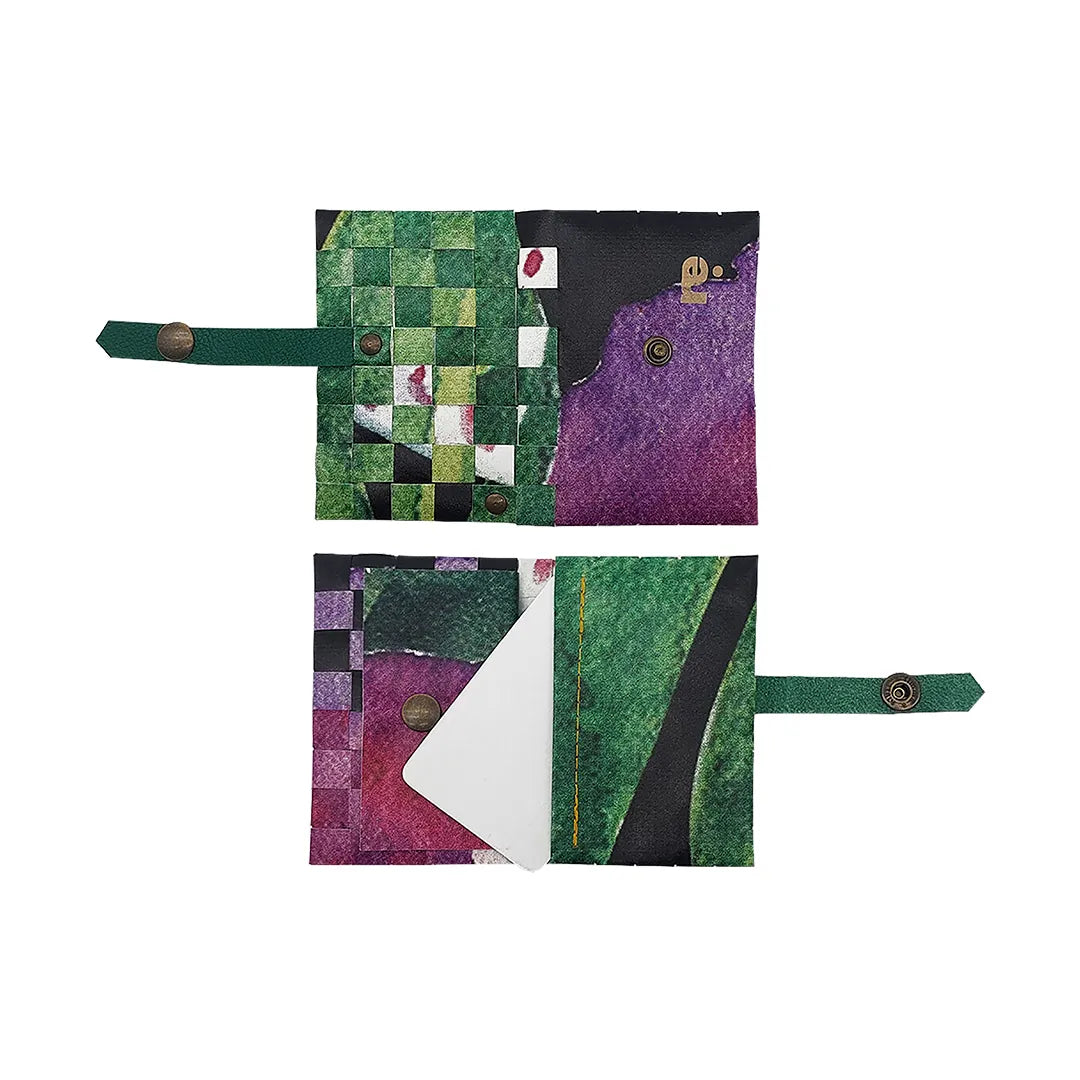 Peter Wallet 725 is a ReCreate wallet made from reclaimed advertising banner, with woven green details, coin space and room for up to 6 cards. - both sides