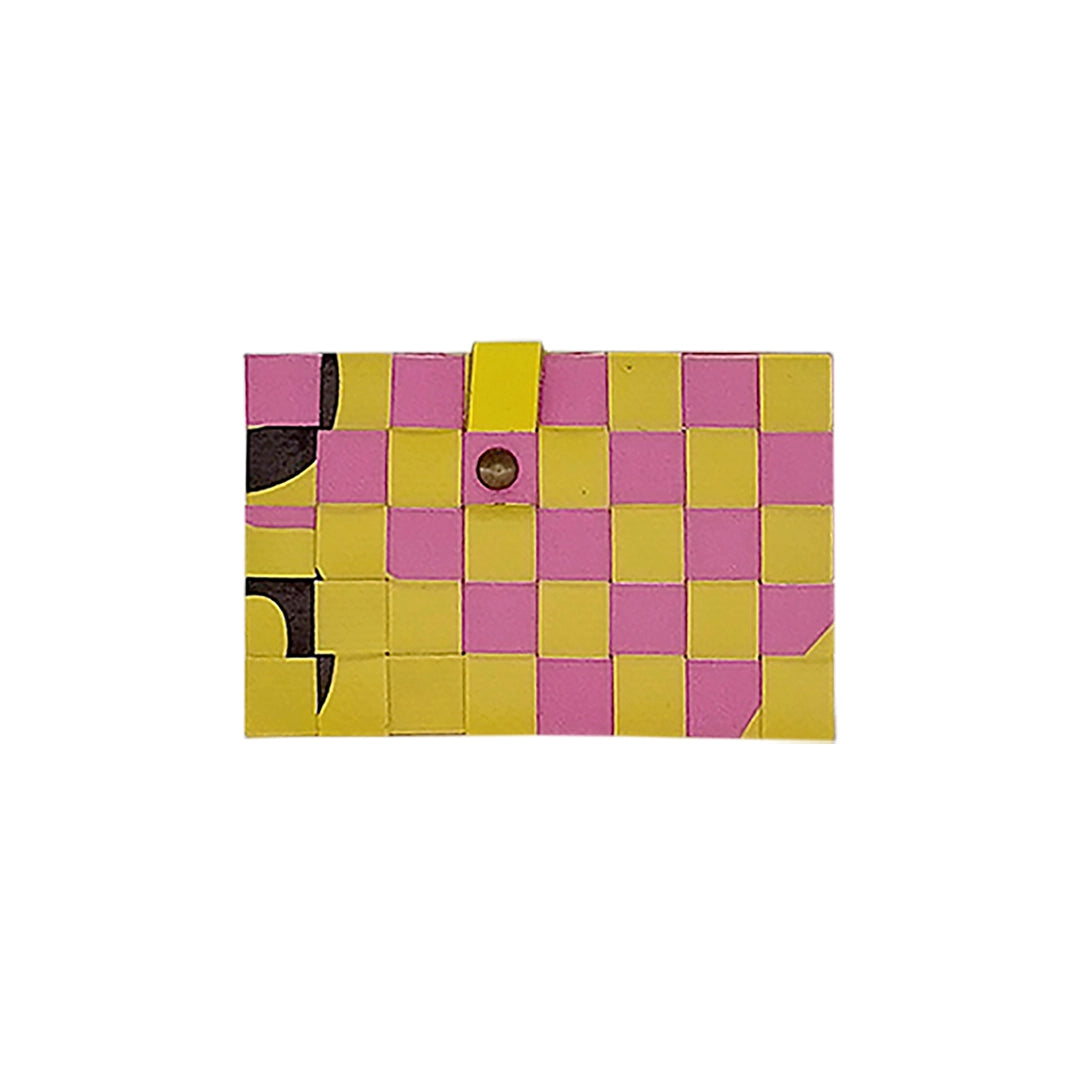 Sam Wallet 125 is a compact ReCreate wallet made from reclaimed advertising banner, with pink and yellow tones, woven detail and snap closure. - back