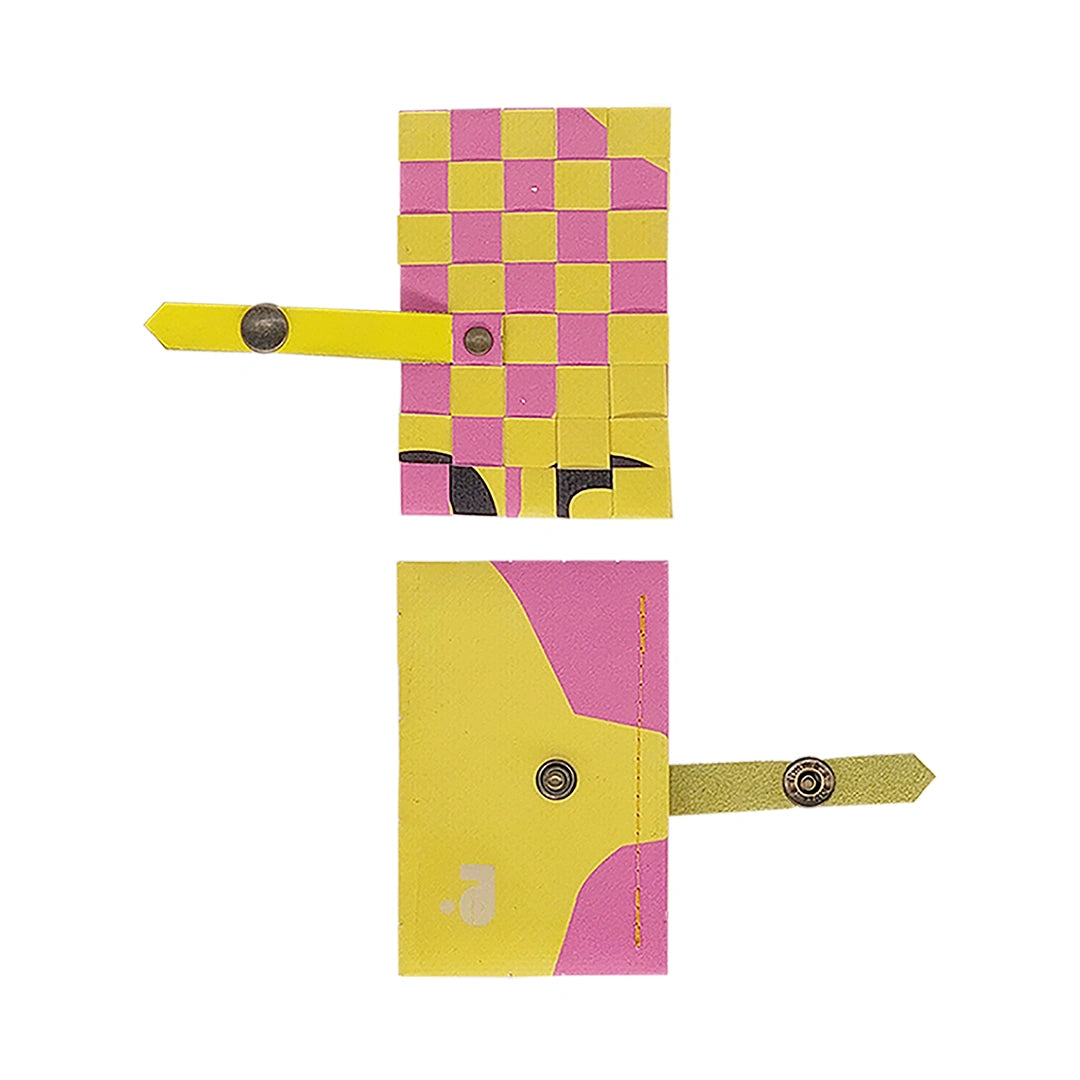 Sam Wallet 125 is a compact ReCreate wallet made from reclaimed advertising banner, with pink and yellow tones, woven detail and snap closure. - both sides