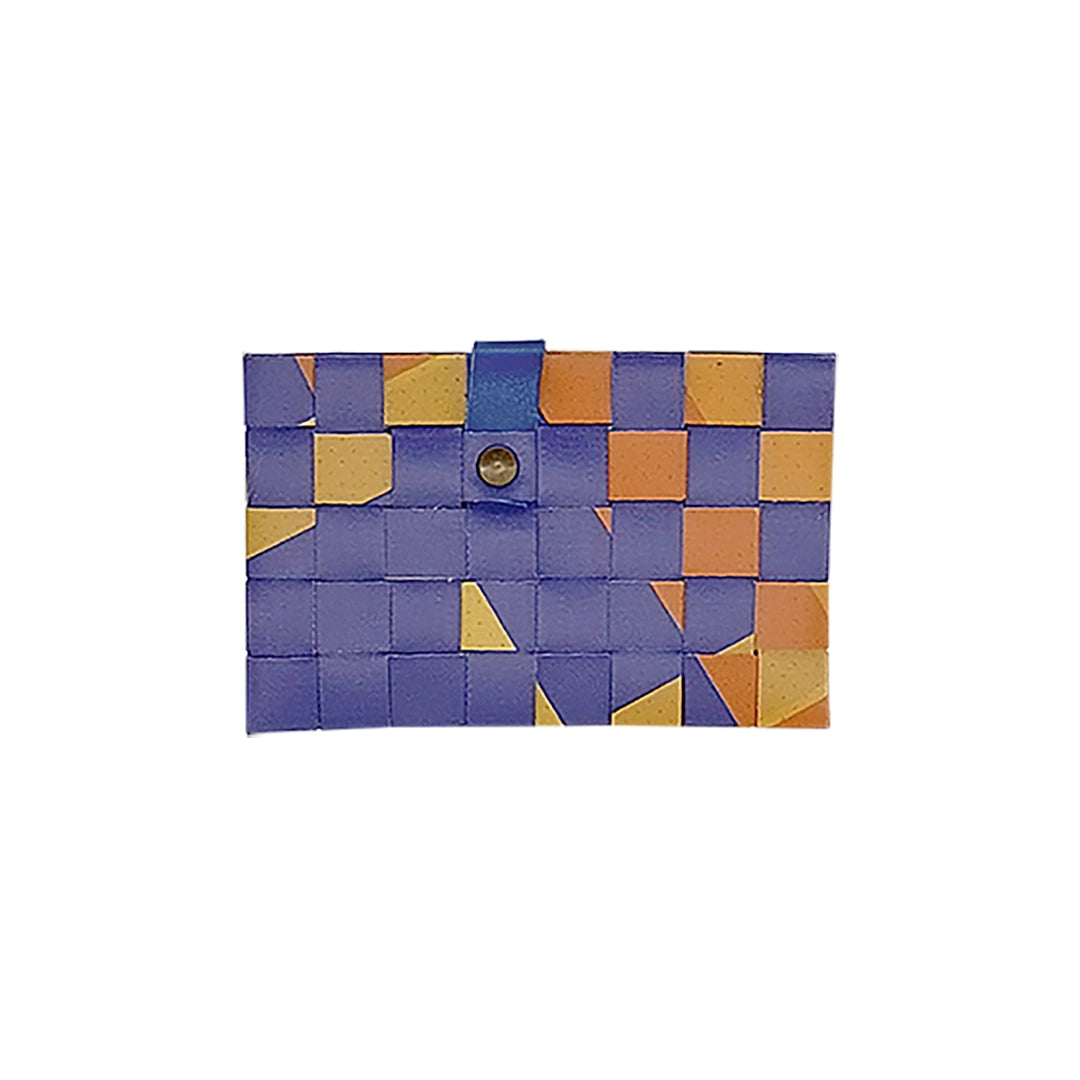 Sam Wallet 126 is a compact ReCreate wallet made from reclaimed advertising banner, with orange, violet and blue graphics and woven detail. - back