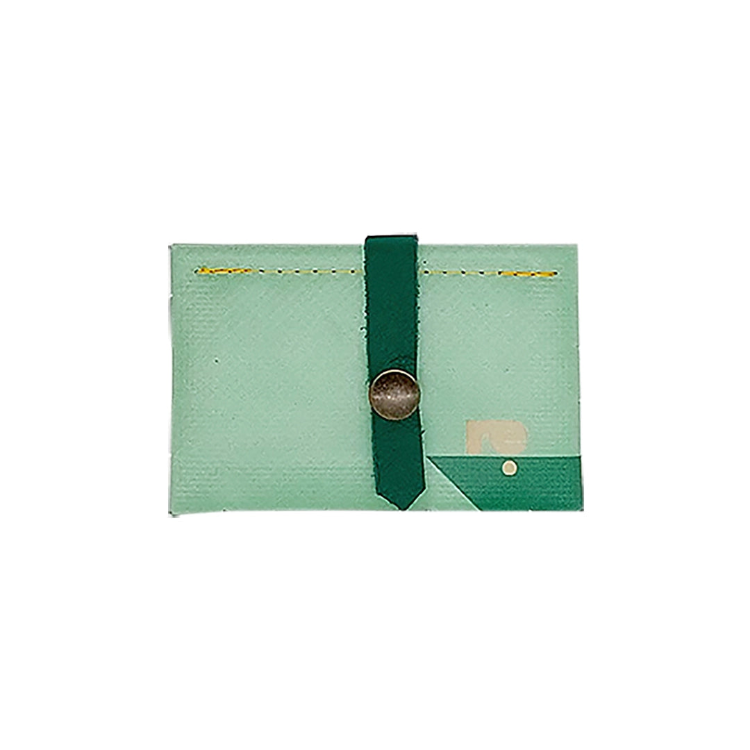 Sam Wallet 225 is a ReCreate wallet made from reclaimed advertising banner, with soft green tones, woven detail and space for up to 6 cards. - front