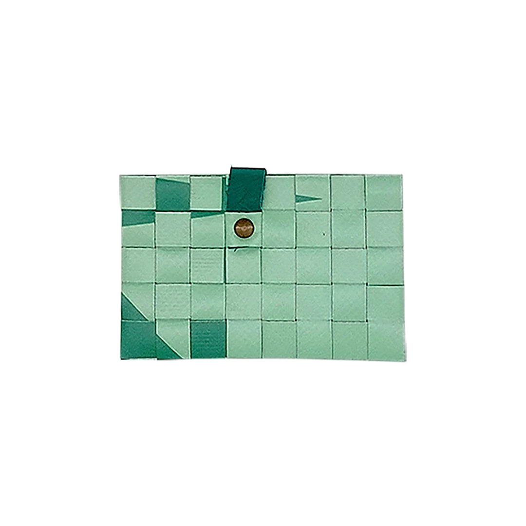 Sam Wallet 225 is a ReCreate wallet made from reclaimed advertising banner, with soft green tones, woven detail and space for up to 6 cards. - back