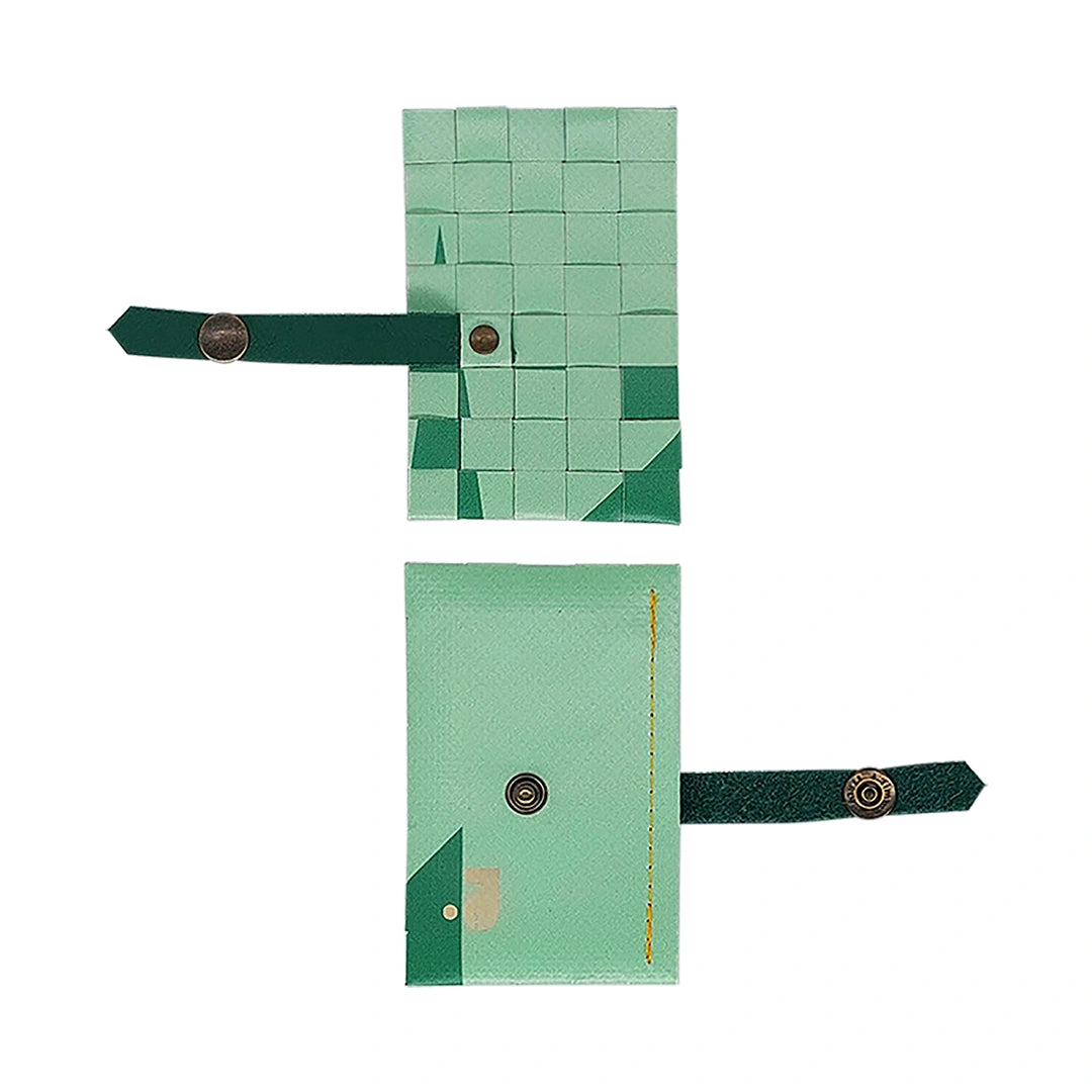 Sam Wallet 225 is a ReCreate wallet made from reclaimed advertising banner, with soft green tones, woven detail and space for up to 6 cards. - both sides