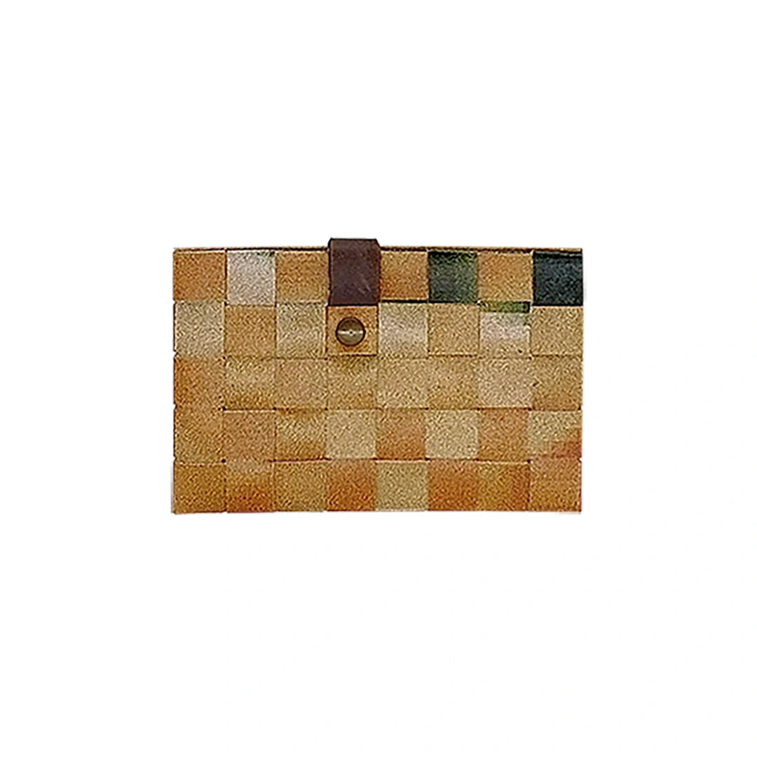 Sam Wallet 226 is a compact ReCreate wallet in reclaimed advertising banner, with warm ochre tones, woven detail and space for 6 cards. - front