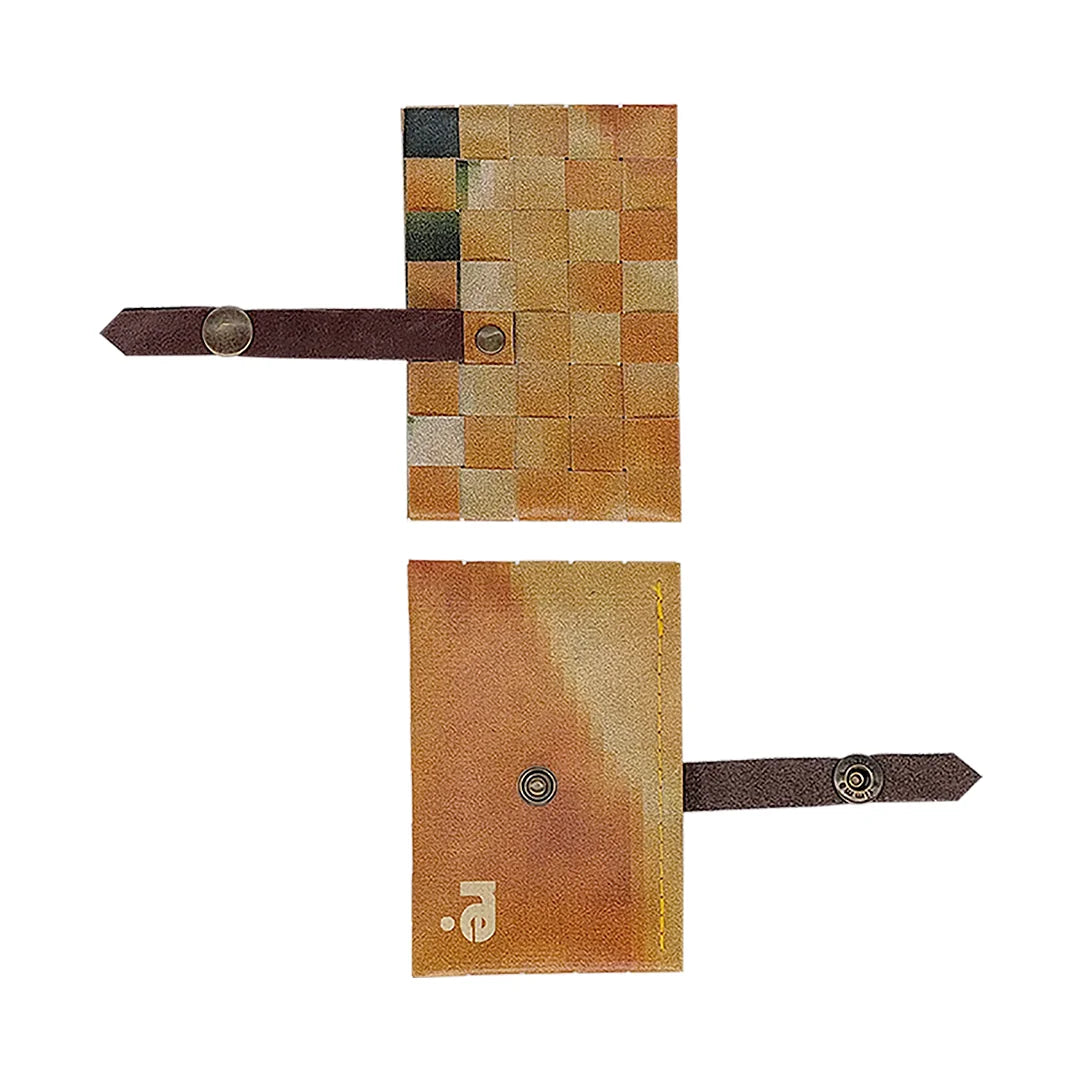 Sam Wallet 226 is a compact ReCreate wallet in reclaimed advertising banner, with warm ochre tones, woven detail and space for 6 cards. - both sides