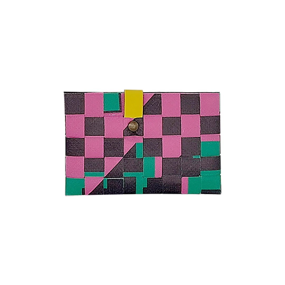 Sam Wallet 725 is a compact ReCreate wallet made from reclaimed advertising banner, with dark tones, vivid colour blocks and woven detail. - back