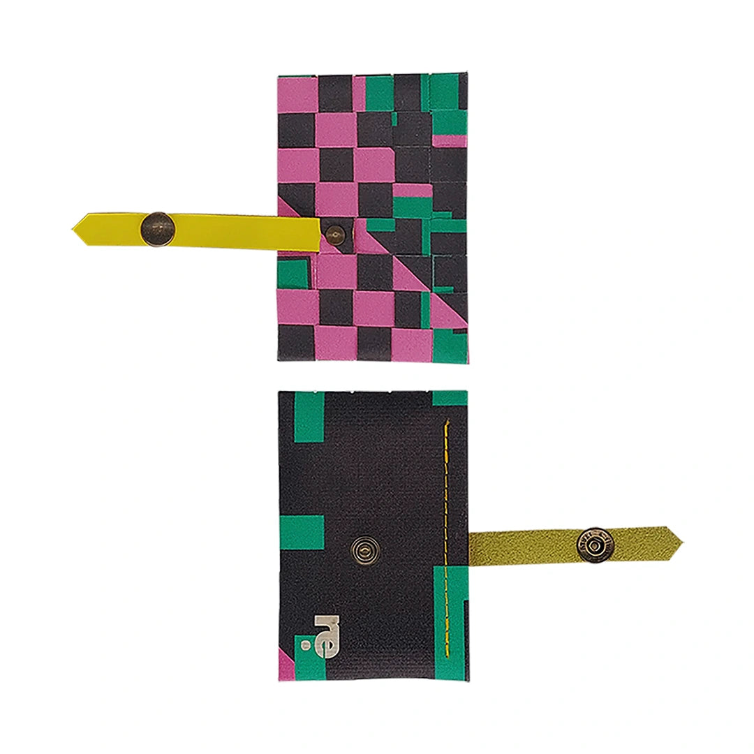Sam Wallet 725 is a compact ReCreate wallet made from reclaimed advertising banner, with dark tones, vivid colour blocks and woven detail. - both sides