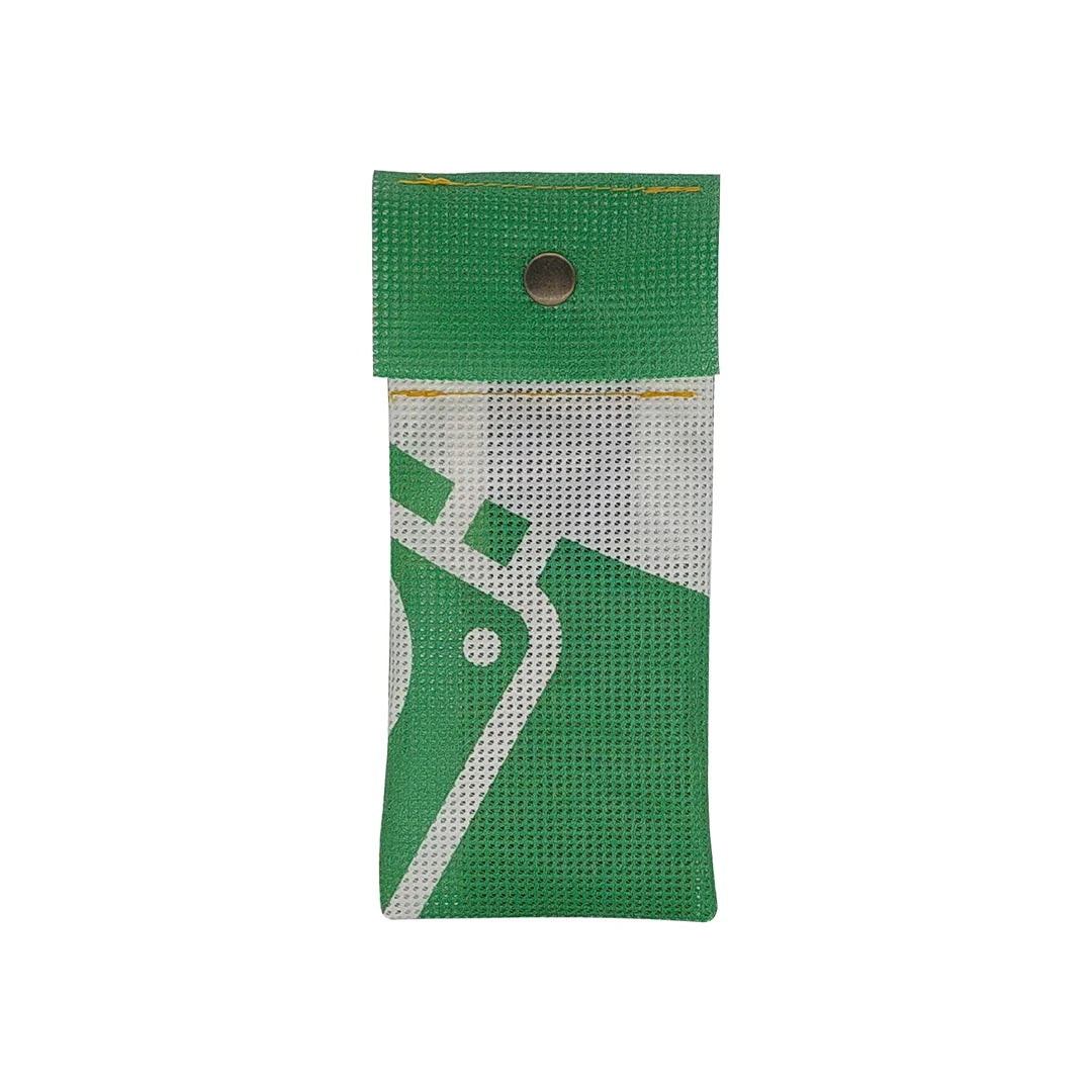 Compact pouch made from reclaimed micro-perforated banner, with snap closure and a green-and-white graphic surface. - front
