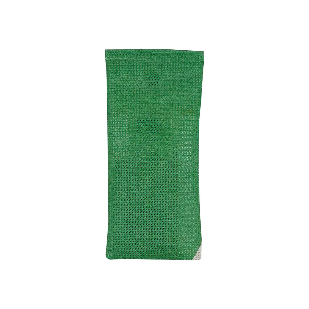 Compact pouch made from reclaimed micro-perforated banner, with snap closure and a green-and-white graphic surface. - back