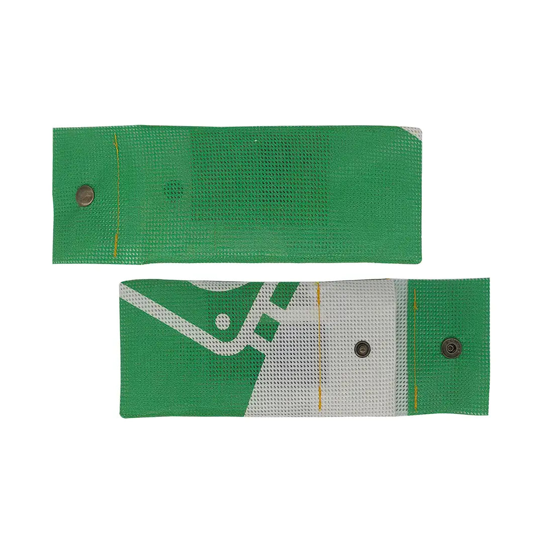 Compact pouch made from reclaimed micro-perforated banner, with snap closure and a green-and-white graphic surface. - both sides