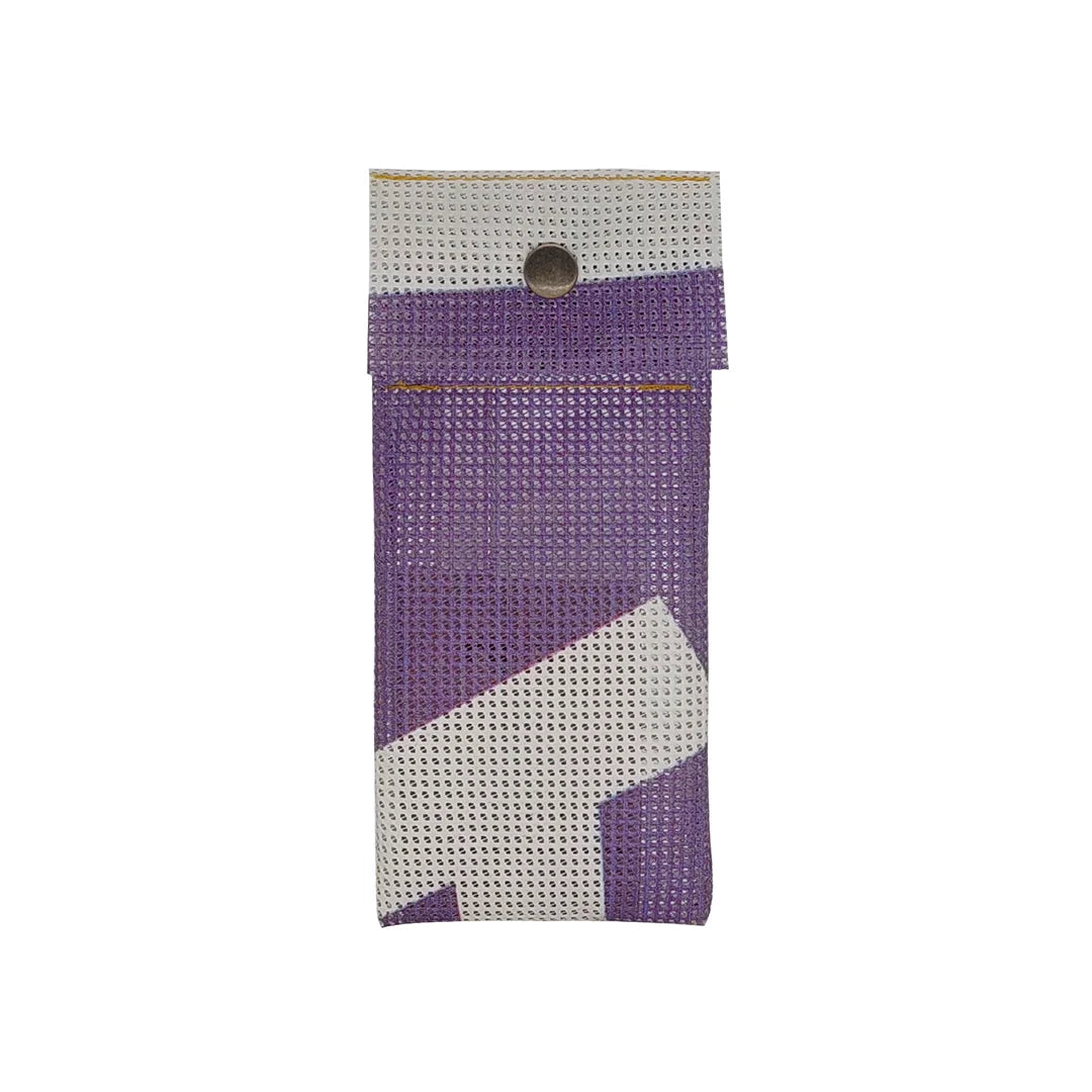 Compact pouch made from reclaimed micro-perforated banner, featuring a purple-and-white graphic surface and snap closure. - front
