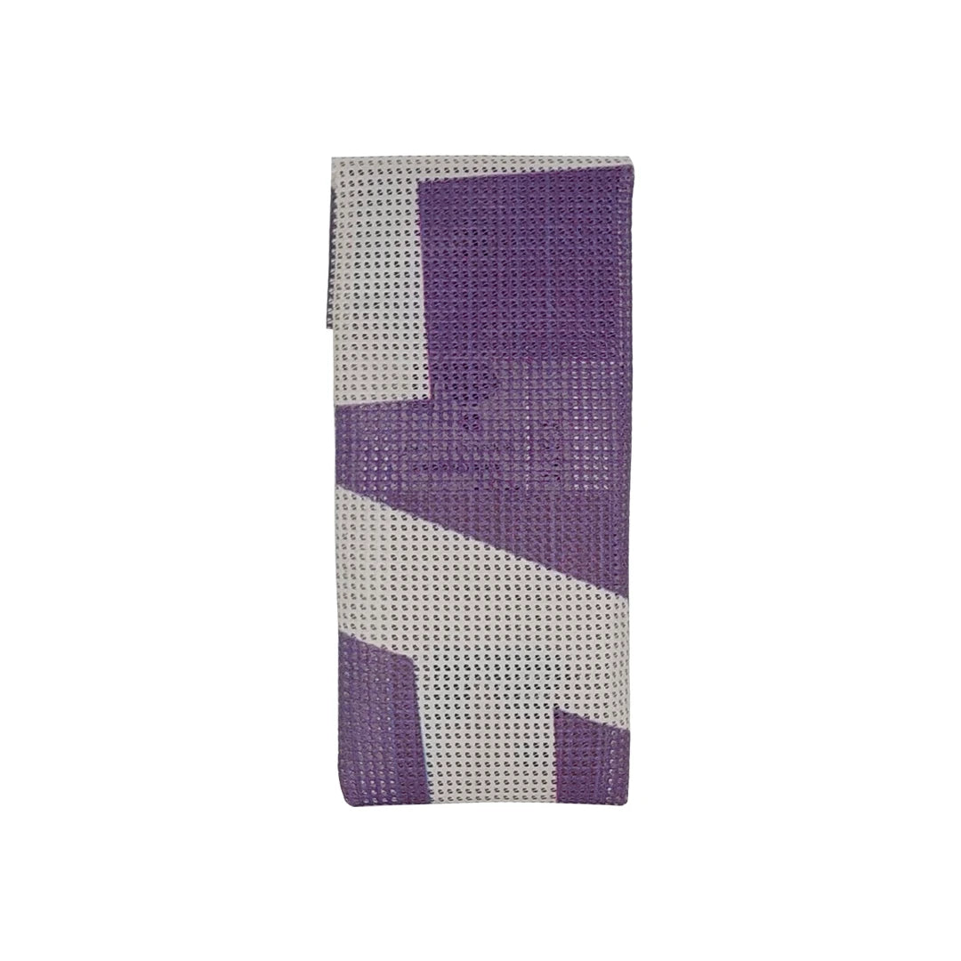 Compact pouch made from reclaimed micro-perforated banner, featuring a purple-and-white graphic surface and snap closure. - back