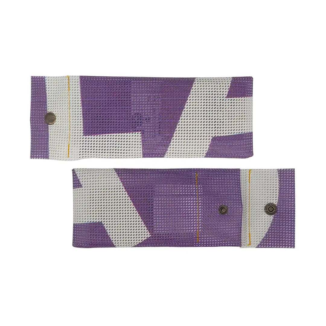 Compact pouch made from reclaimed micro-perforated banner, featuring a purple-and-white graphic surface and snap closure. - both sides