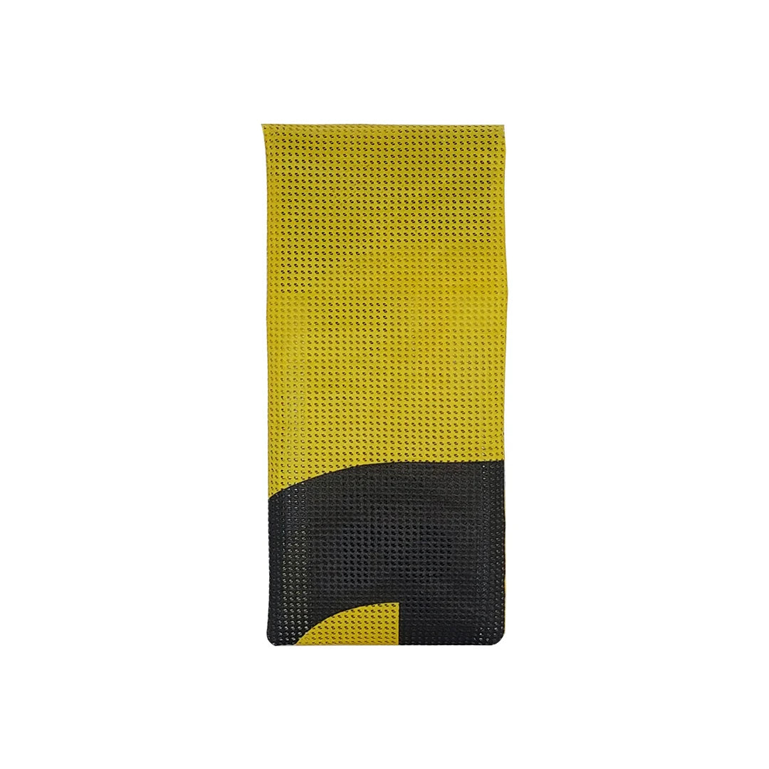 Yellow and black pouch made from reclaimed micro-perforated banner, designed to hold pencils, pens or slim everyday tools in a compact format. - back