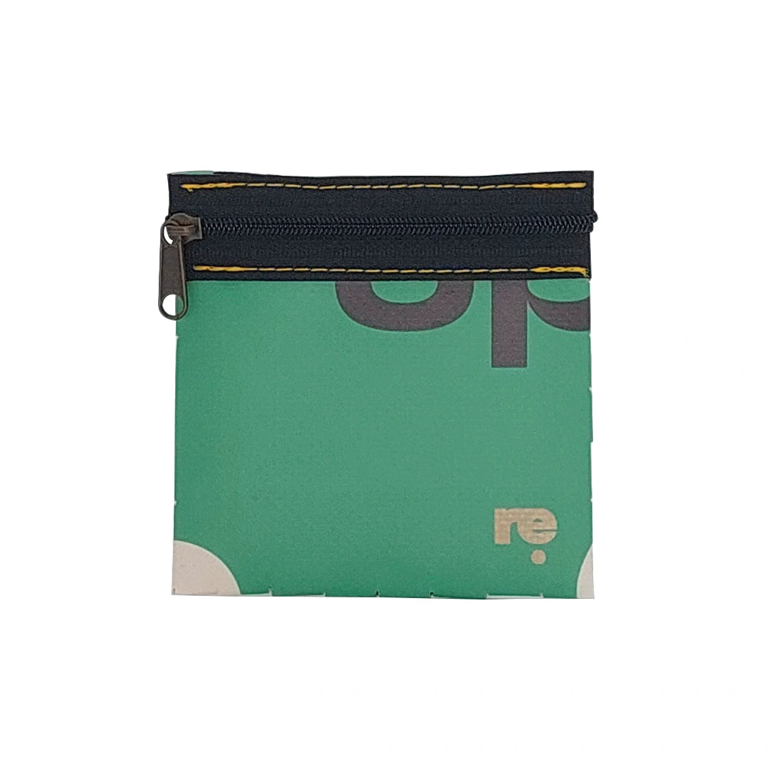 Tom Pouch 126 by ReCreate is a green small pouch in reclaimed advertising banner, with woven detail, black zip and compact everyday function. - front