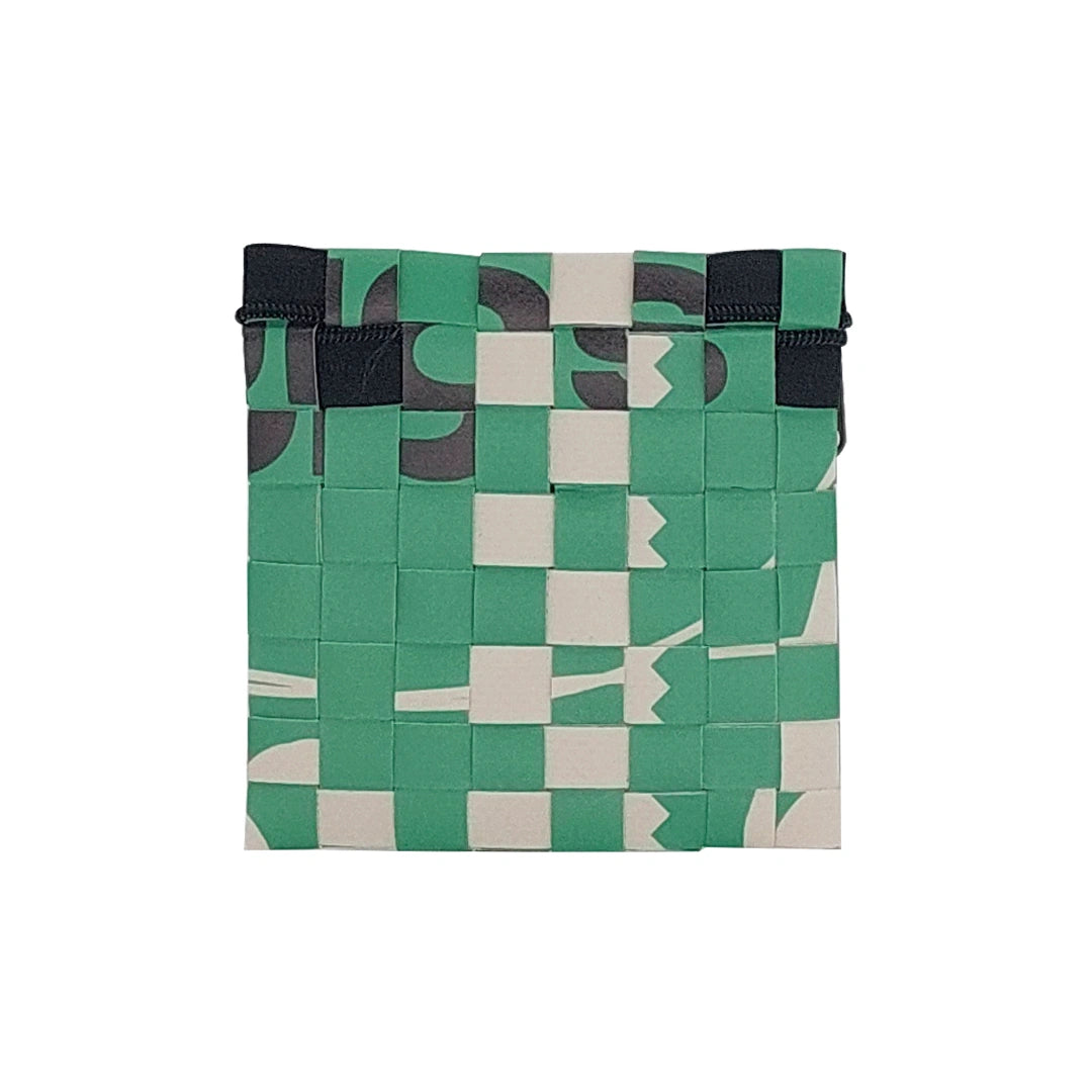 Tom Pouch 126 by ReCreate is a green small pouch in reclaimed advertising banner, with woven detail, black zip and compact everyday function. -back