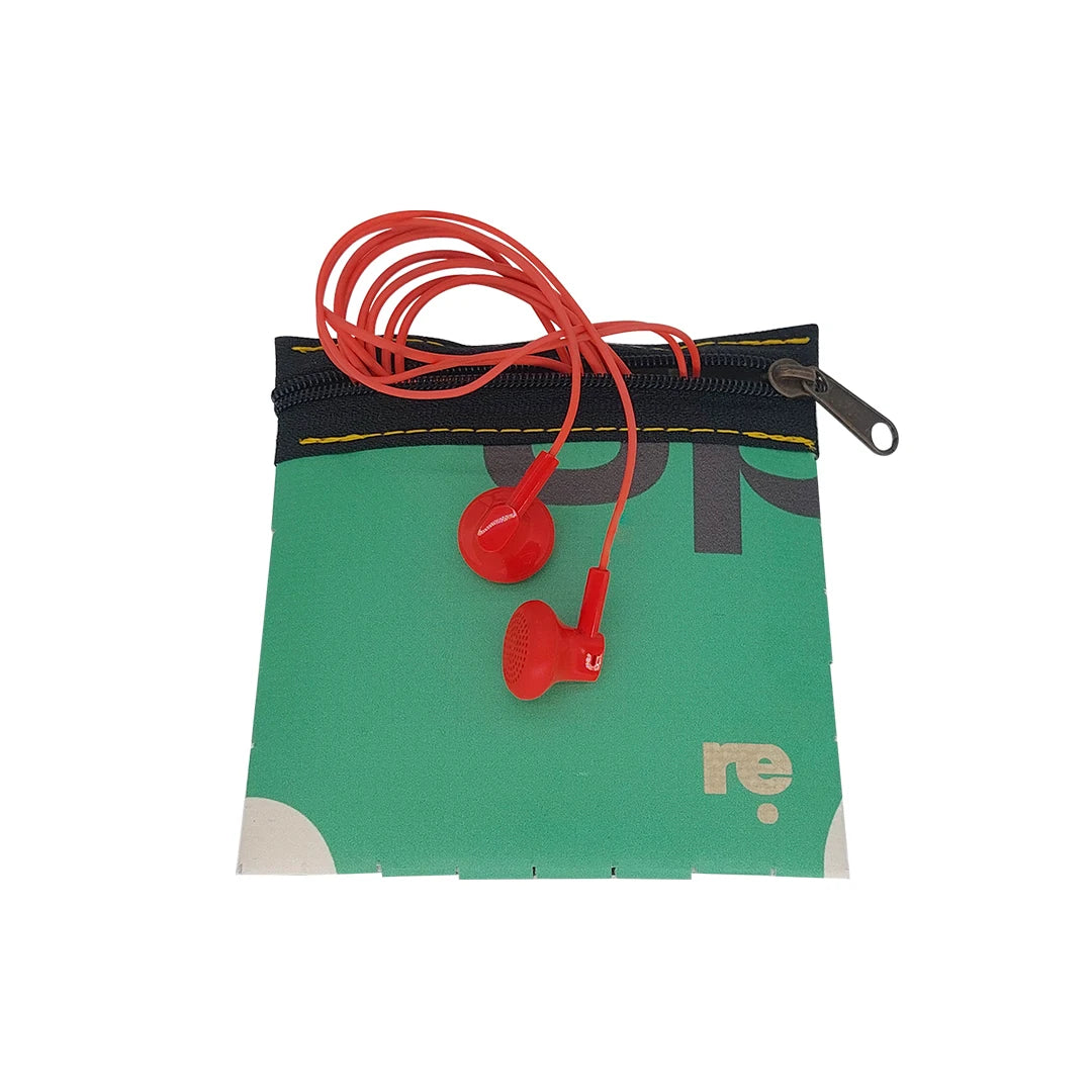 Tom Pouch 126 by ReCreate is a green small pouch in reclaimed advertising banner, with woven detail, black zip and compact everyday function. - with phones