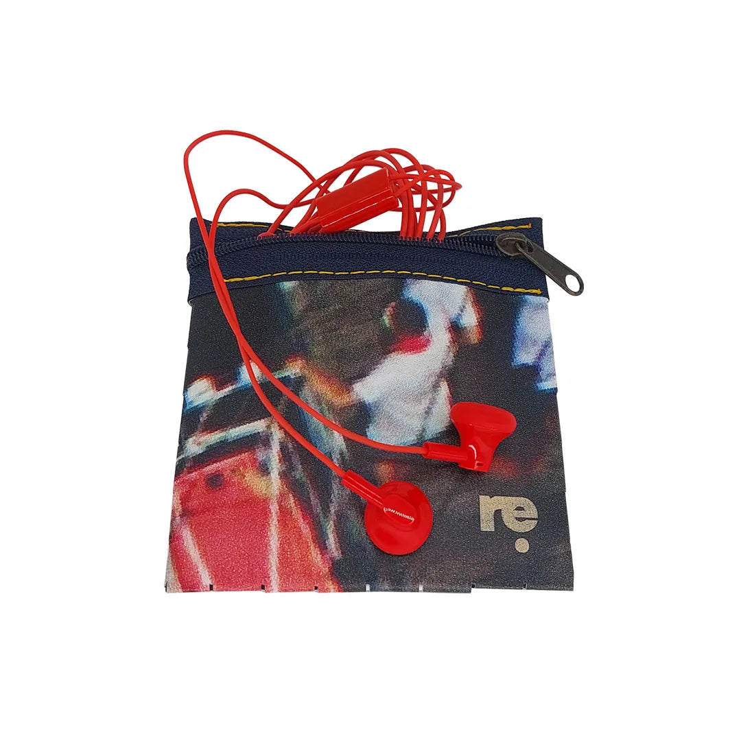 Tom Pouch 426 is a ReCreate pouch made from reclaimed advertising banner, with dark photographic tones, red flashes and woven detail. - with phones