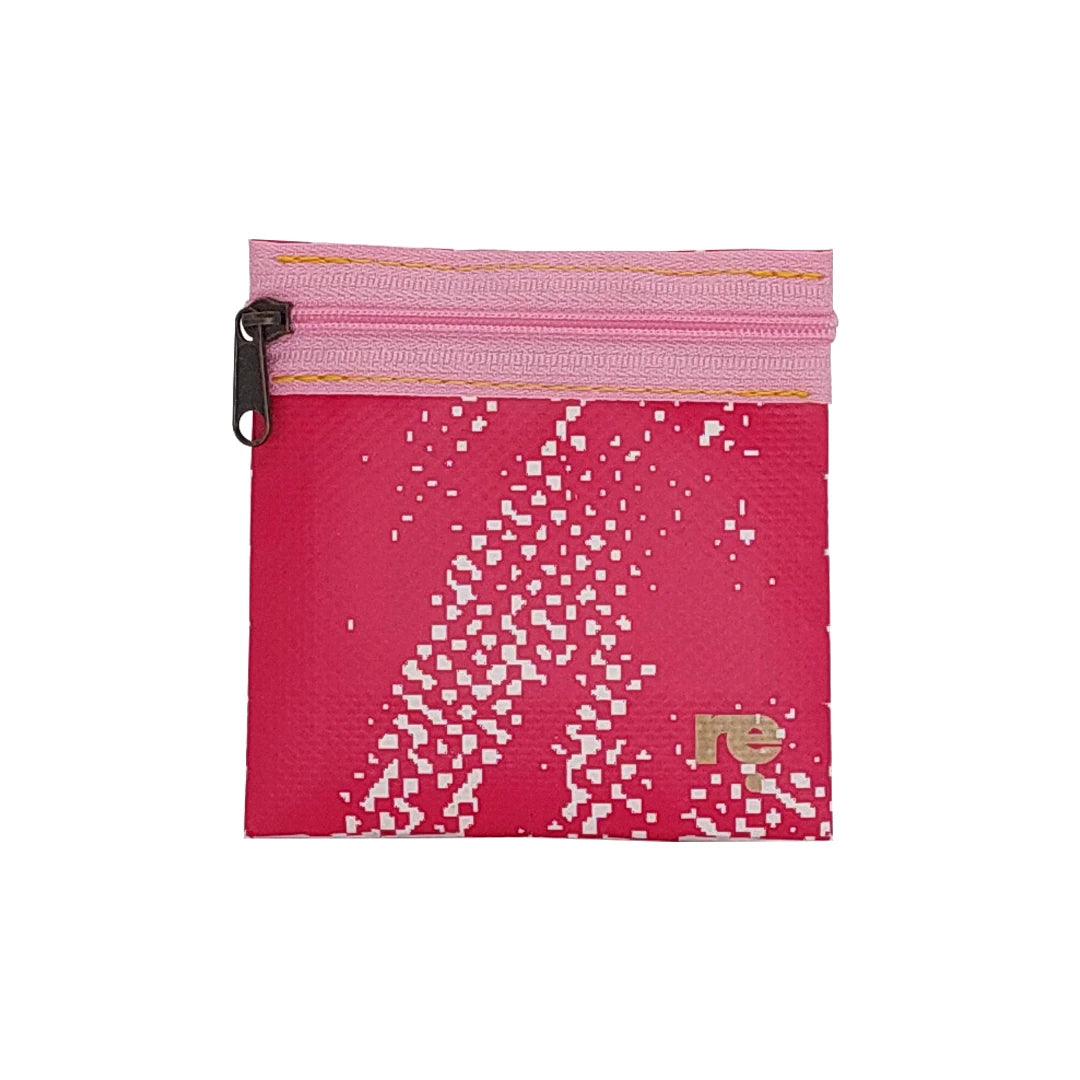 Tom Pouch 926 by ReCreate is a pink small pouch in reclaimed advertising banner, with woven texture, zip closure and room for daily essentials. -front