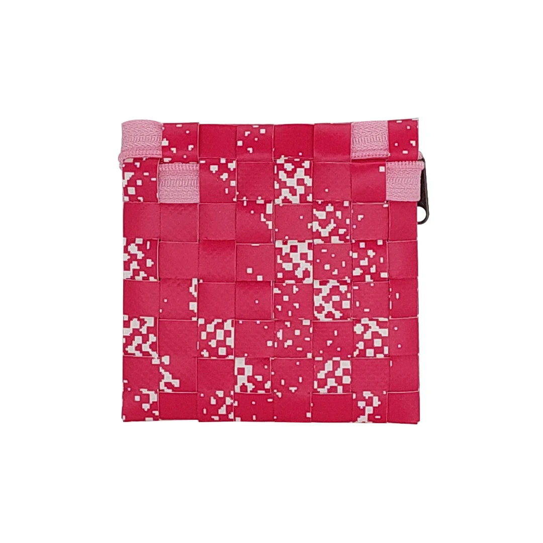 Tom Pouch 926 by ReCreate is a pink small pouch in reclaimed advertising banner, with woven texture, zip closure and room for daily essentials. -back